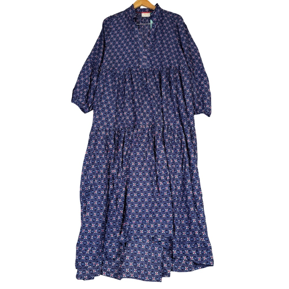 NWT Maeve Navy Geometric Floral Tiered Maxi Dress Long Sleeve Ruffle Neck 1X